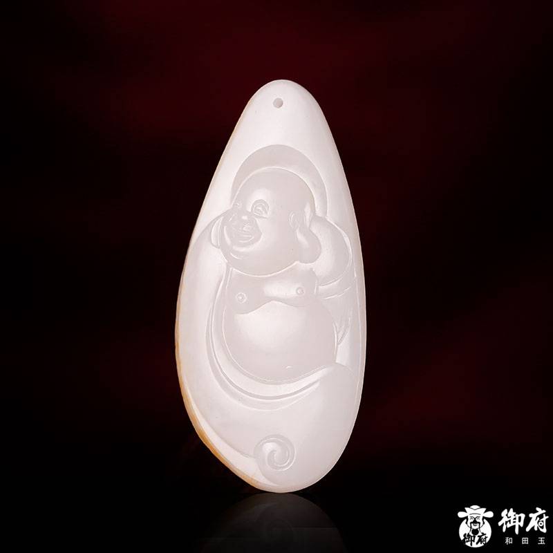 新疆和田玉灑金皮白玉籽玉掛件 彌勒招福 17.5克