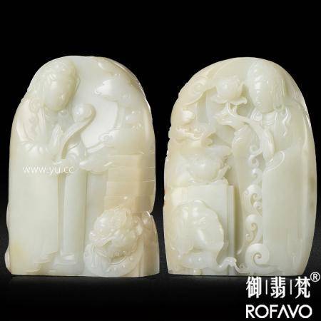 新疆和田玉黄皮白玉籽玉对摆件 文殊普贤 3350克