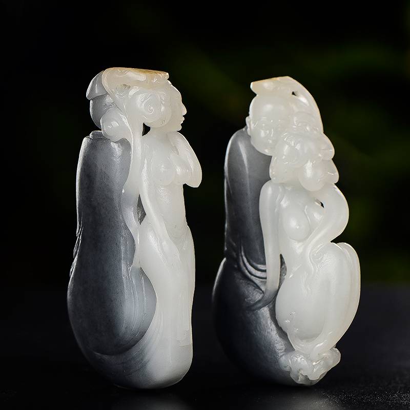 杨中伟大师作品 新疆和田玉青花玉籽玉挂件 郎才女貌 62.8克