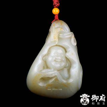 新疆和田玉黄皮白玉籽玉把件 布袋弥勒 90克 