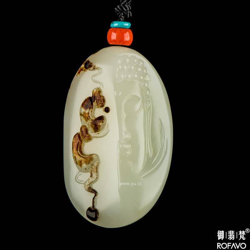 俄罗斯枣红皮白玉籽玉挂件 心中有佛 62克