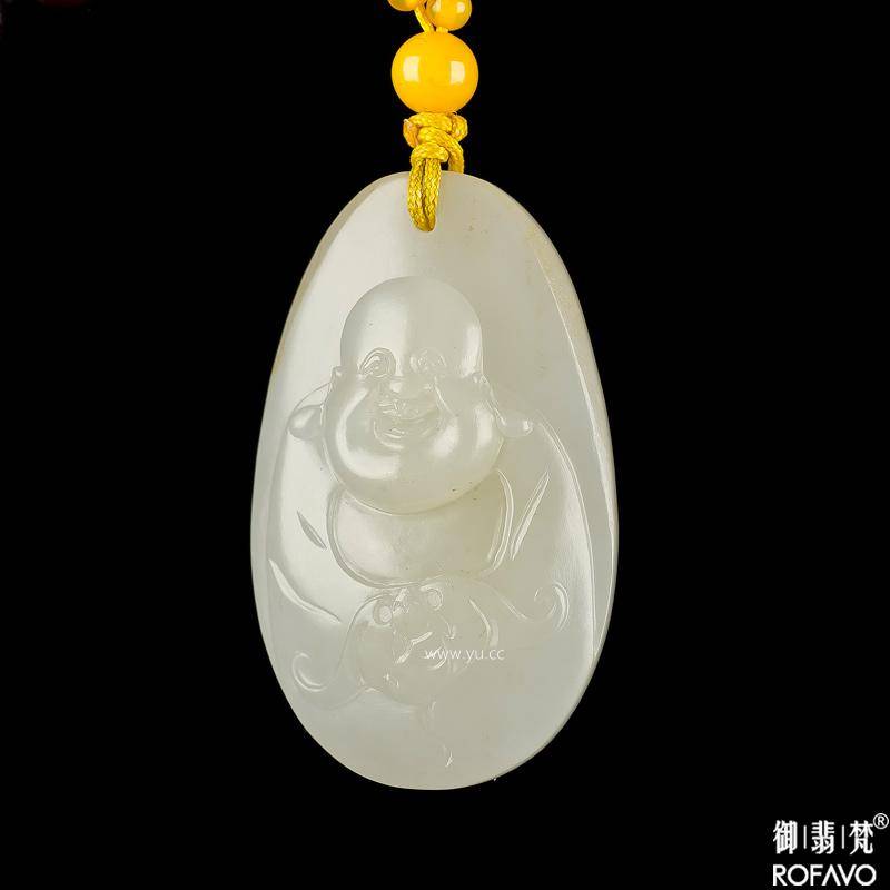 新疆和田玉黄皮白玉籽玉玉牌 弥勒招福 16.4克