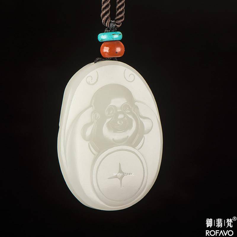新疆和田玉原毛孔皮白玉籽玉玉牌 招财弥勒 17克