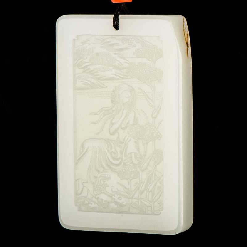 翟倚卫大师作品 新疆和田玉黄皮白玉籽玉玉牌 赫赫姜嫄 106克