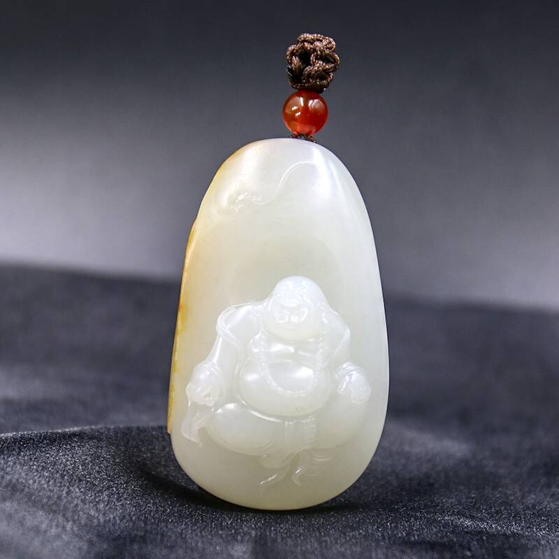 新疆和田玉黄皮白玉籽玉挂件 笑口弥勒 43g