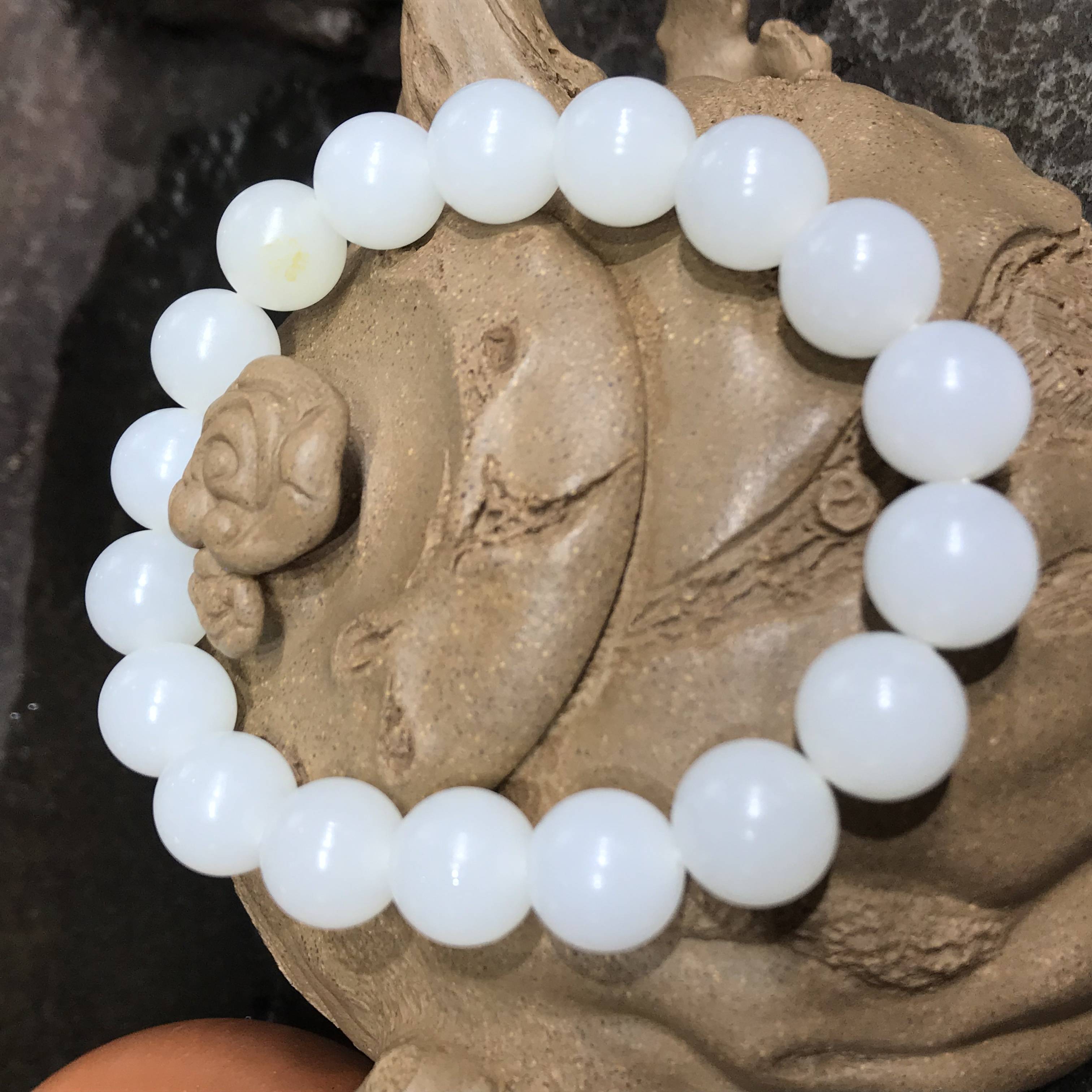 新疆和田玉白玉籽玉圆珠手链 12mm