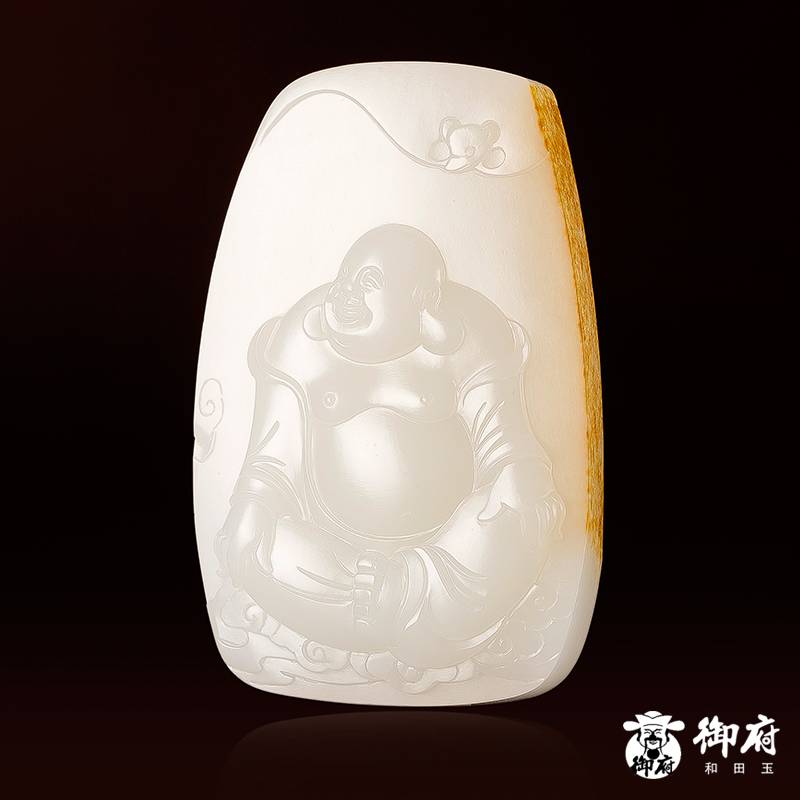 新疆和田玉一級白玉灑金皮白玉籽玉玉牌 佛引福來 54.6克