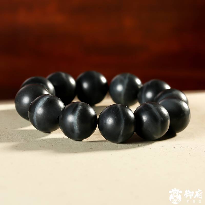 新疆和田玉青花籽玉 圆珠手链 106克