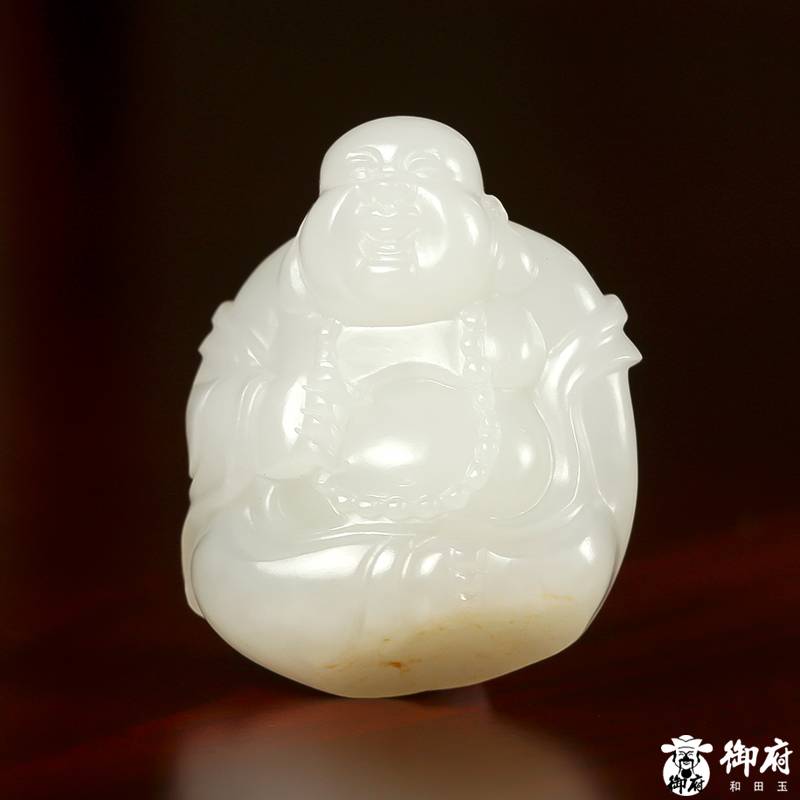 新疆和田玉灑金皮白玉籽玉掛件 歡喜彌勒 21.6克