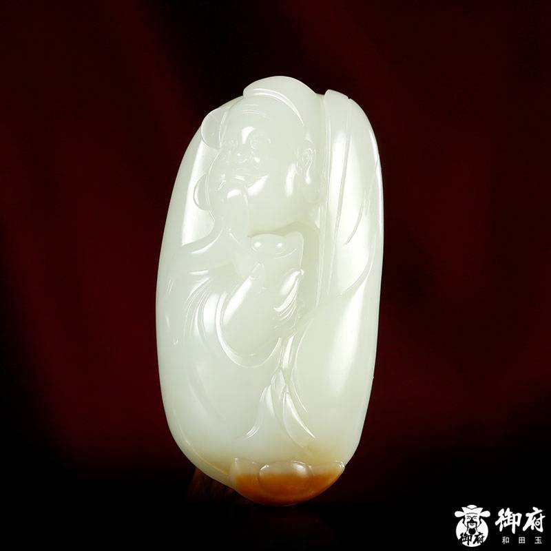 新疆和田玉红皮白玉籽玉把件 招财进宝 64克