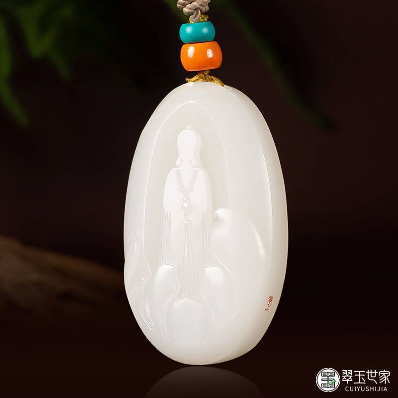 叶青大师作品 新疆和田玉原毛孔皮白挂件玉 心中有佛 42.2克
