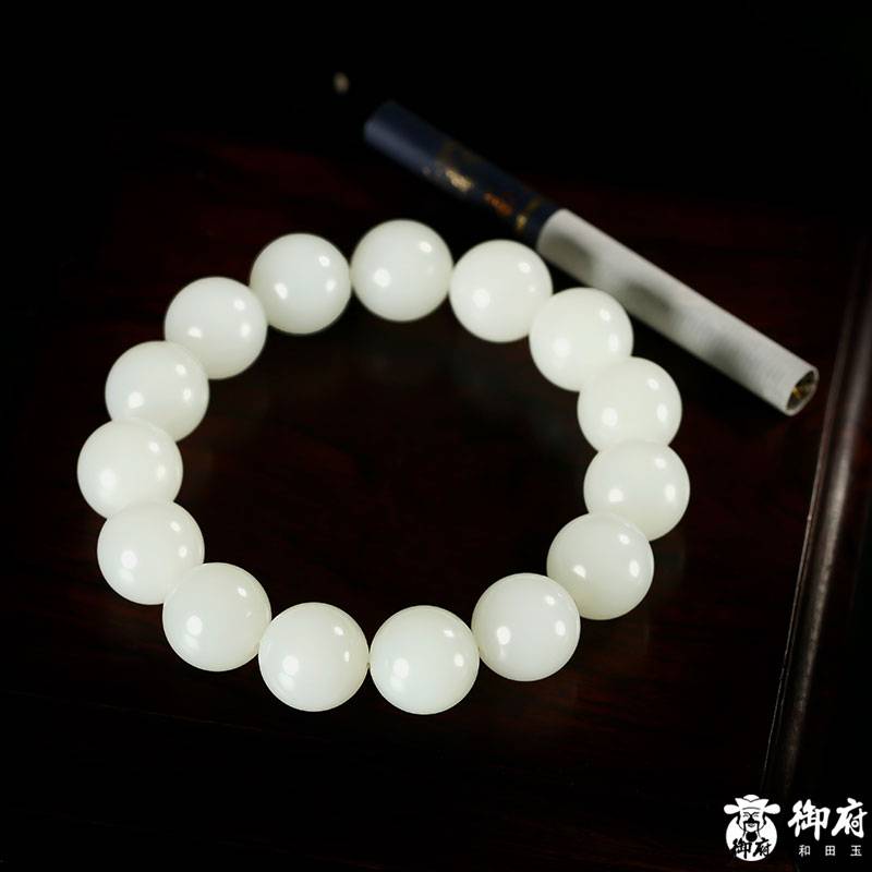 新疆和田玉白玉籽玉圓珠手串 80克 圖片7