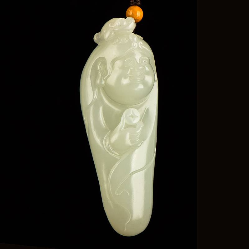 新疆和田玉黃皮白玉籽玉把件 劉海戲金蟾 62克 圖片10