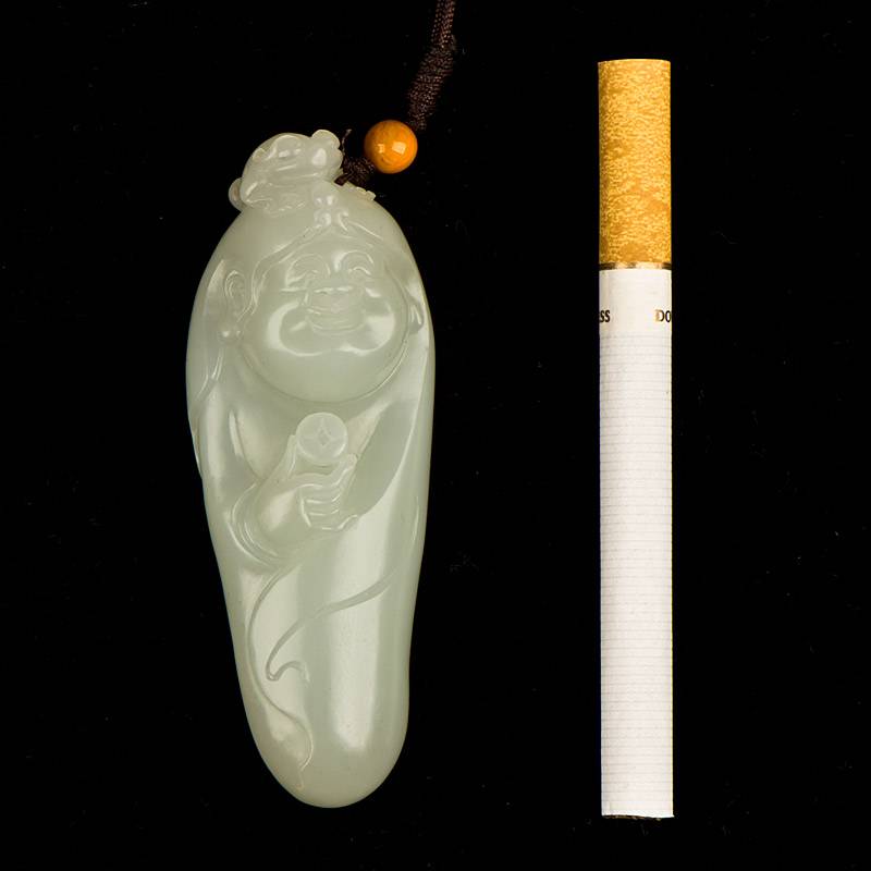 新疆和田玉黃皮白玉籽玉把件 劉海戲金蟾 62克