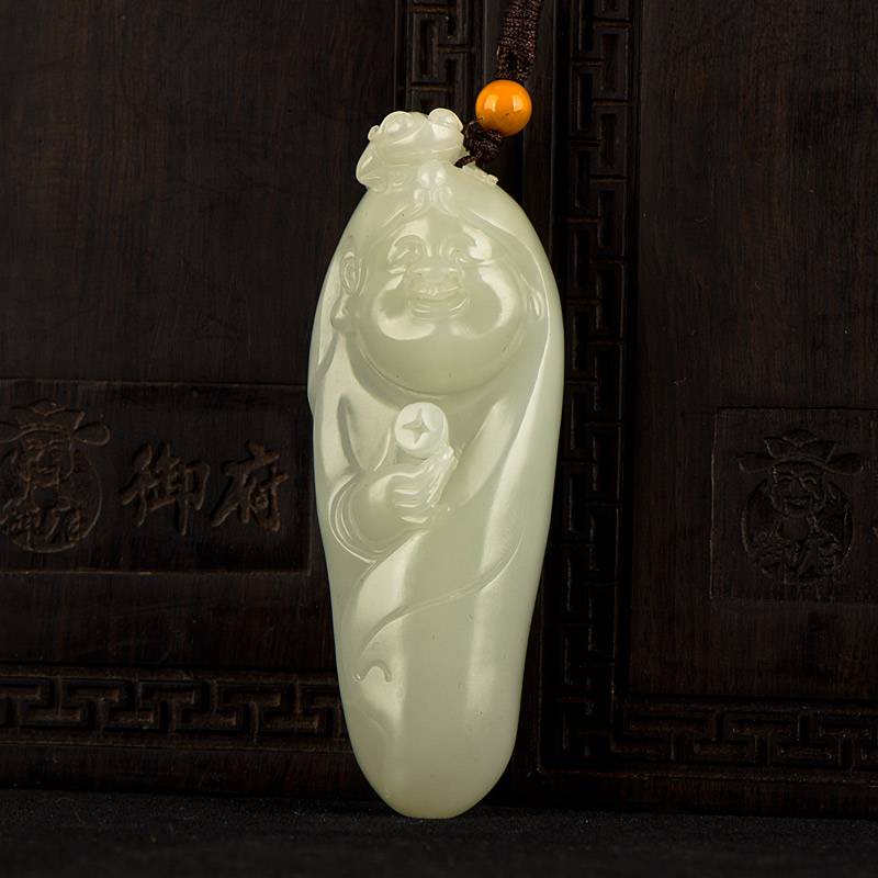 新疆和田玉黃皮白玉籽玉把件 劉海戲金蟾 62克 圖片5