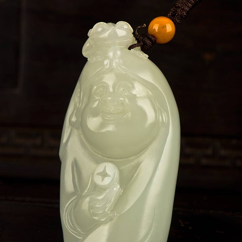 新疆和田玉黃皮白玉籽玉把件 劉海戲金蟾 62克 圖片8