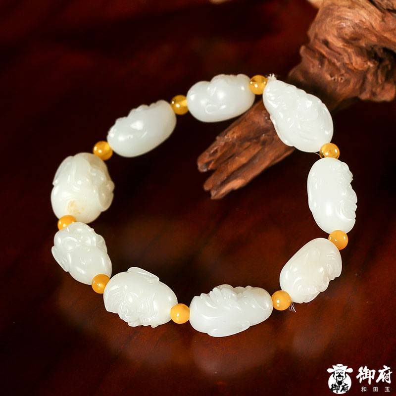 新疆和田玉灑金皮羊脂白玉籽玉 羅漢手鏈 47克