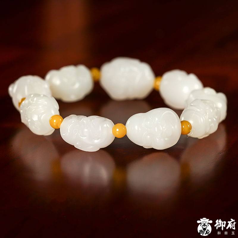 新疆和田玉灑金皮羊脂白玉籽玉 羅漢手鏈 50.6克