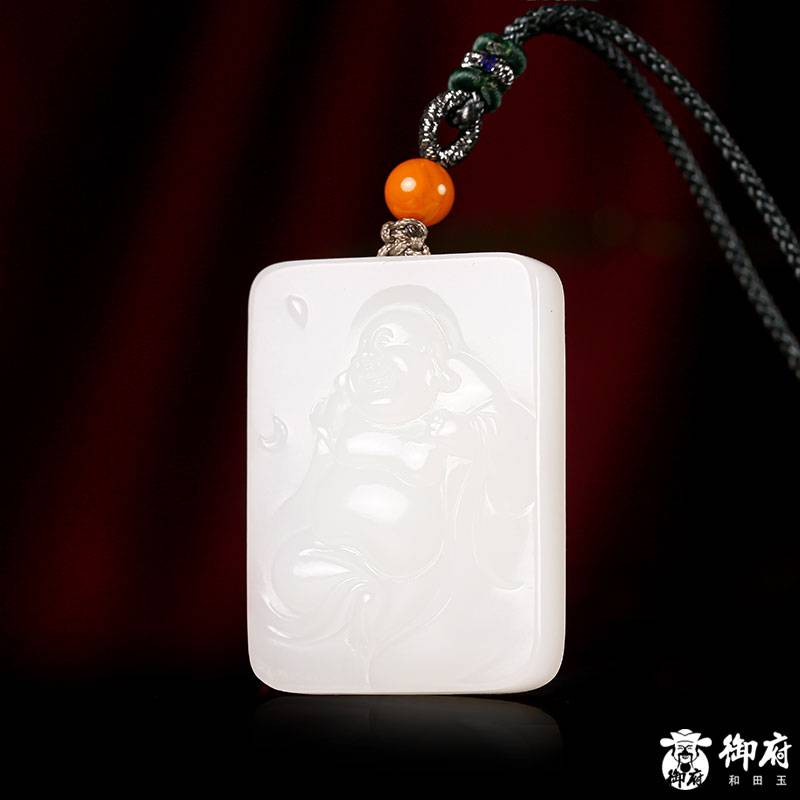 新疆和田玉原毛孔皮羊脂白白玉籽玉 玉牌 彌勒佛 28克