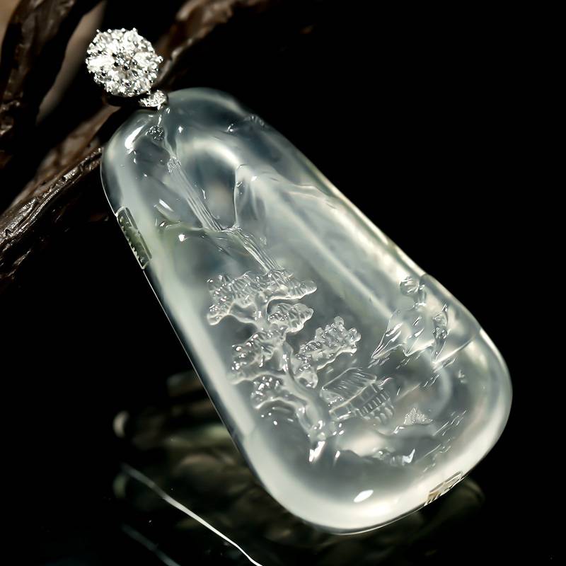 缅甸翡翠A货玻璃种玉牌 山水牌 22.2克 图片2