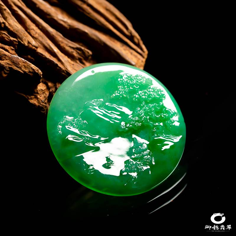緬甸翡翠A貨糯冰種滿綠掛件 山水泛舟 17.5克 圖片2