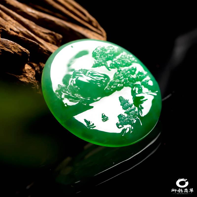 緬甸翡翠A貨糯冰種滿綠掛件 山水泛舟 17.5克 圖片3