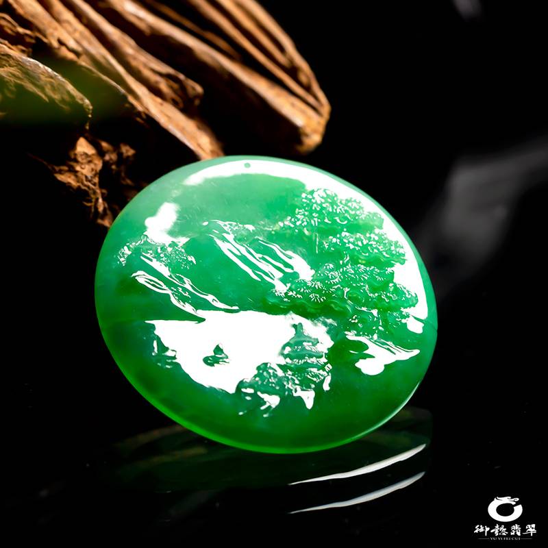 緬甸翡翠A貨糯冰種滿綠掛件 山水泛舟 17.5克 圖片4