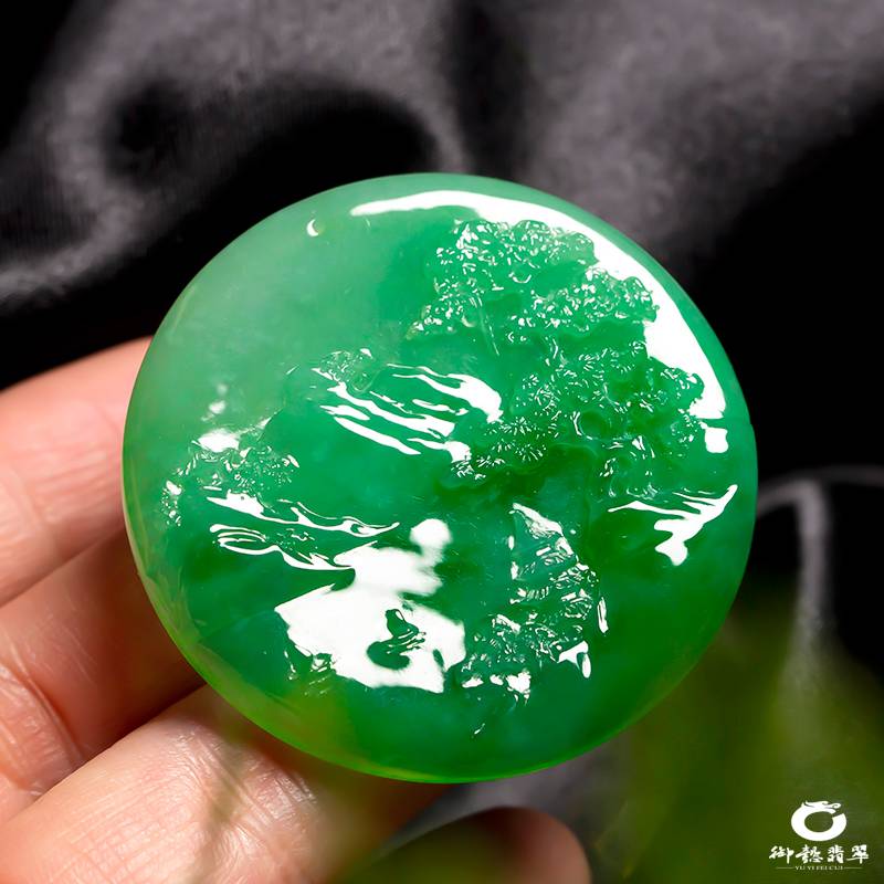 緬甸翡翠A貨糯冰種滿綠掛件 山水泛舟 17.5克 圖片7