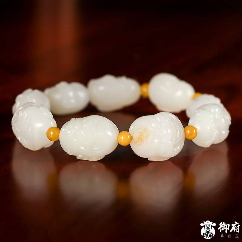 新疆和田玉灑金皮羊脂白玉籽玉 羅漢手鏈 50.6克 圖片4