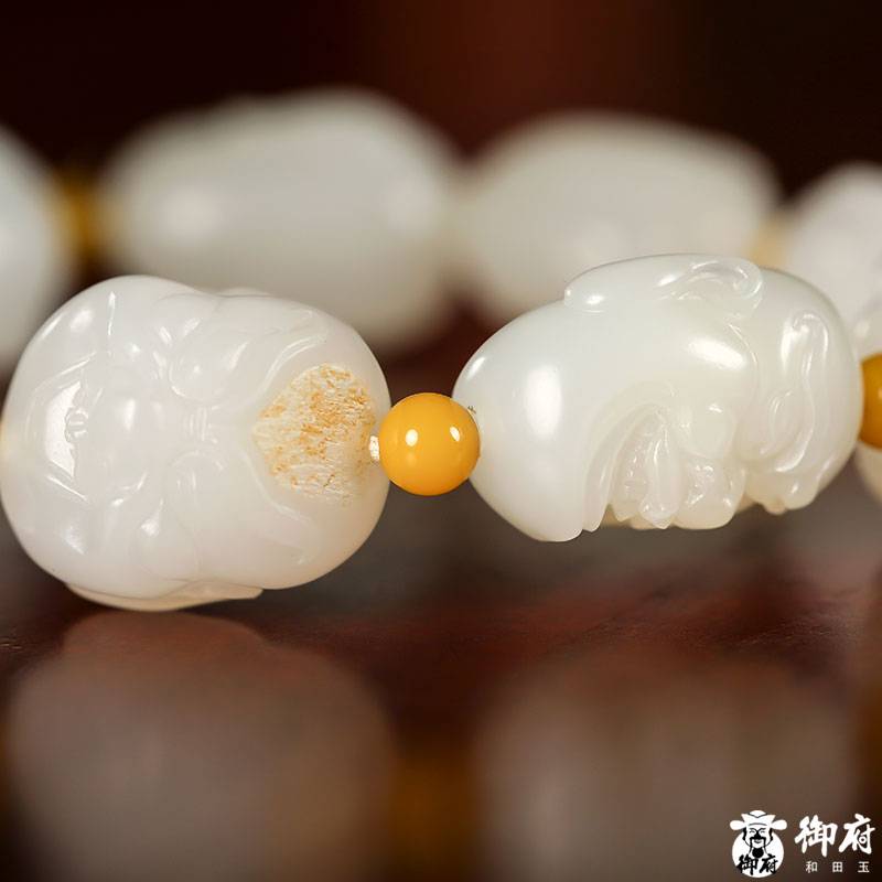 新疆和田玉灑金皮羊脂白玉籽玉 羅漢手鏈 50.6克 圖片5