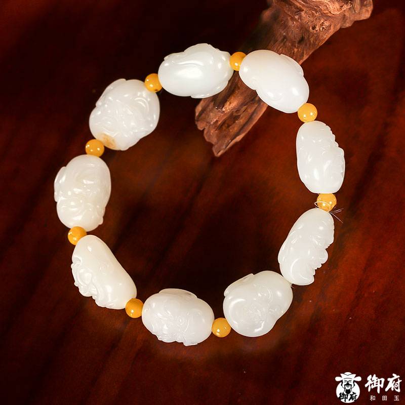 新疆和田玉灑金皮羊脂白玉籽玉 羅漢手鏈 50.6克 圖片7