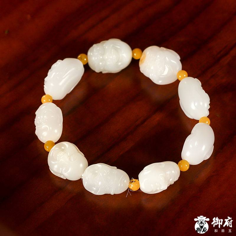 新疆和田玉灑金皮羊脂白玉籽玉 羅漢手鏈 50.6克 圖片8