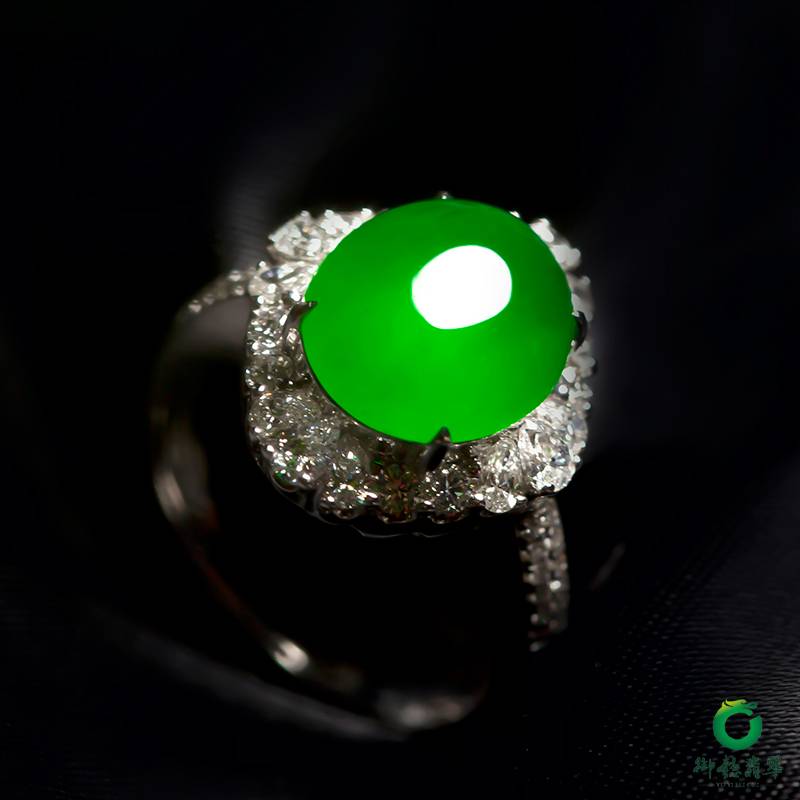 翡翠18k金鉆鑲冰種滿綠戒指 11.81克 圖片5
