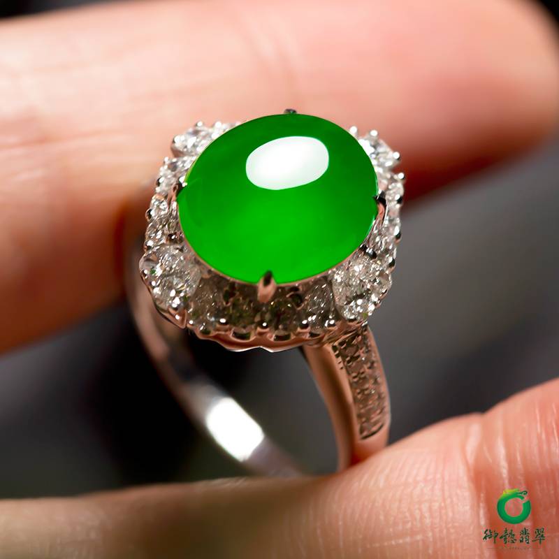 翡翠18k金鉆鑲冰種滿綠戒指 11.81克 圖片6