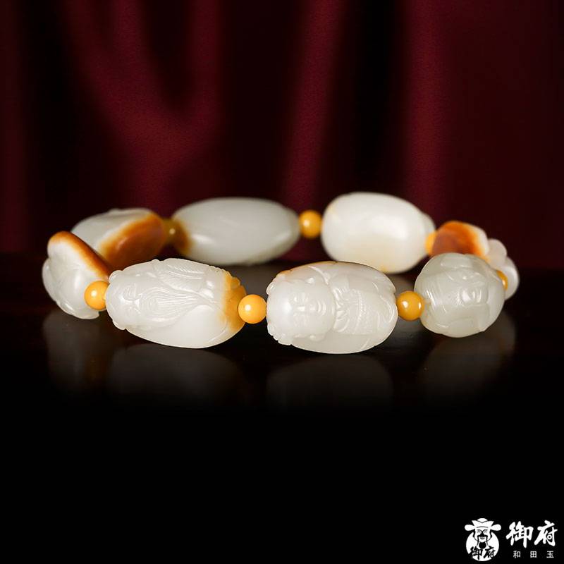 新疆和田玉黃皮白玉籽料 手串 八仙 54.5克