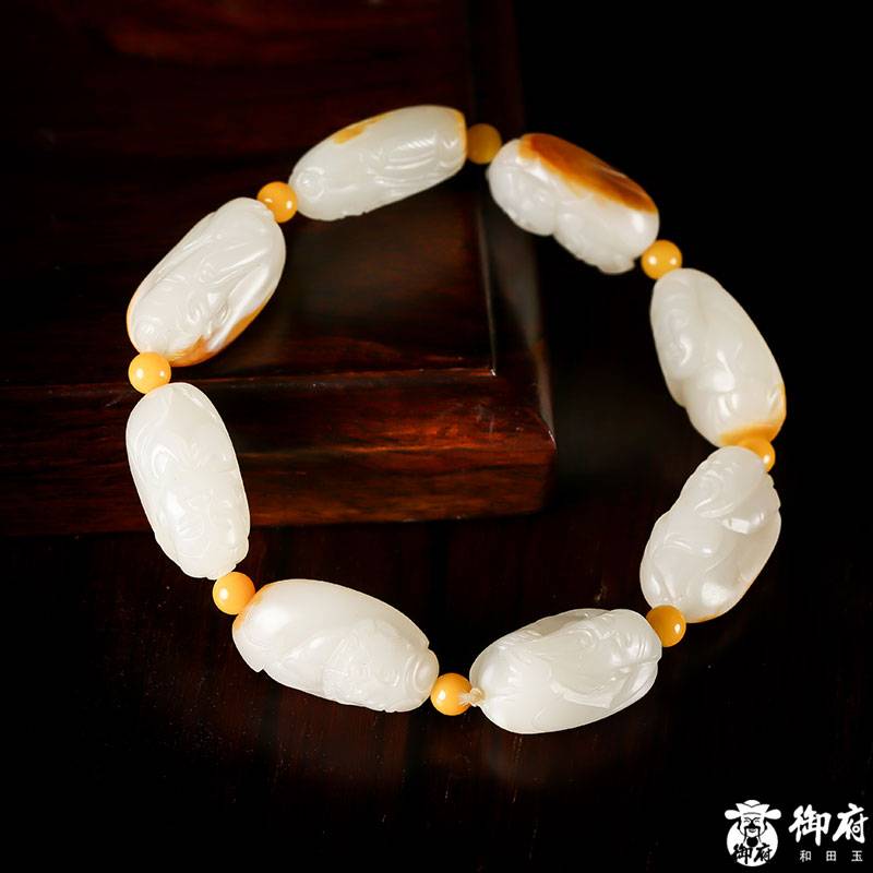 新疆和田玉黃皮白玉籽料 手串 八仙 54.5克 圖片8