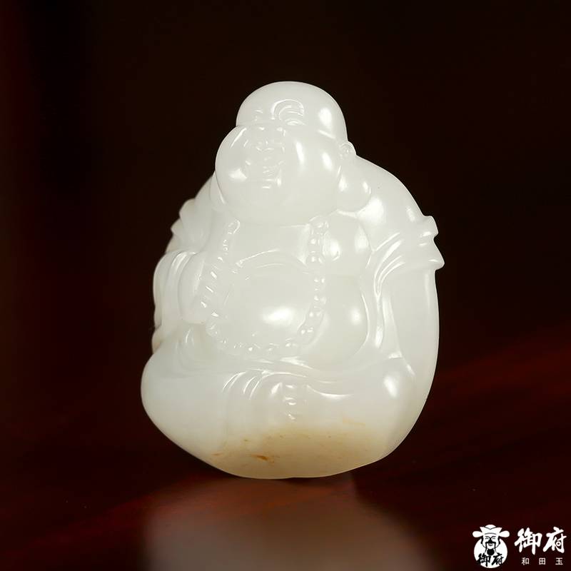 新疆和田玉灑金皮白玉籽玉掛件 歡喜彌勒 21.6克 圖片4