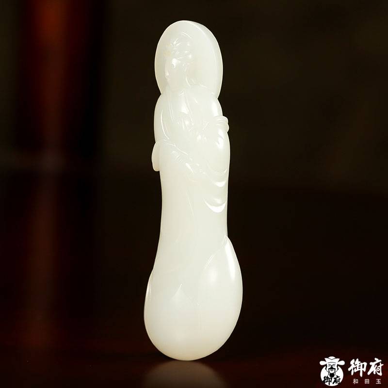 新疆和田玉黃皮白玉籽玉掛件 觀音 23.7克 圖片4