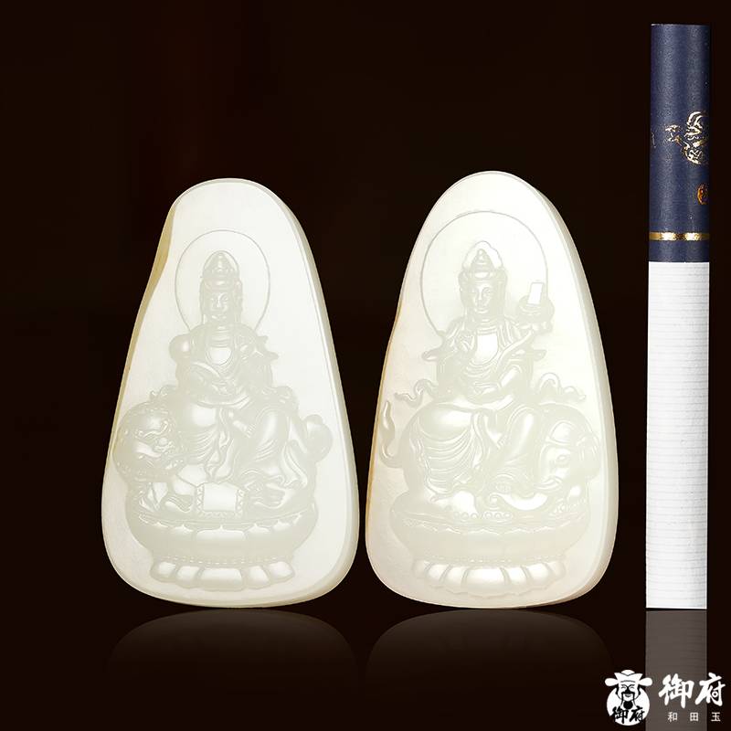 新疆和田玉灑金皮白玉籽玉對牌 文殊普賢 83.8克 圖片7