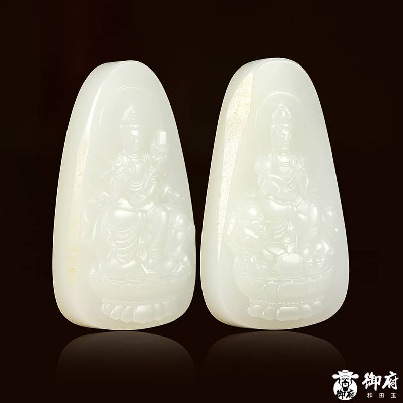 新疆和田玉灑金皮白玉籽玉對牌 文殊普賢 83.8克 圖片12