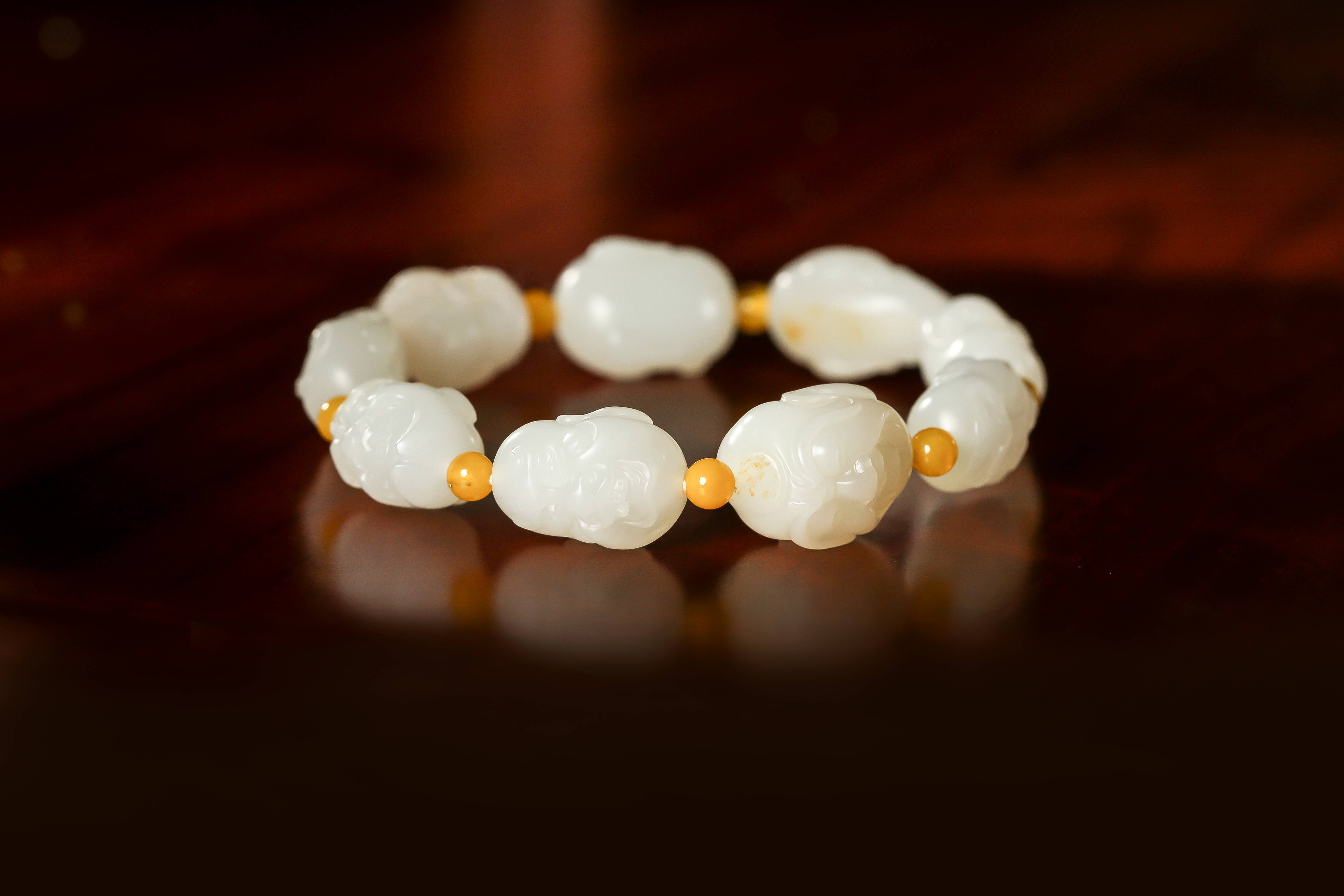 新疆和田玉灑金皮羊脂白玉籽玉 羅漢手鏈 47克 圖片3