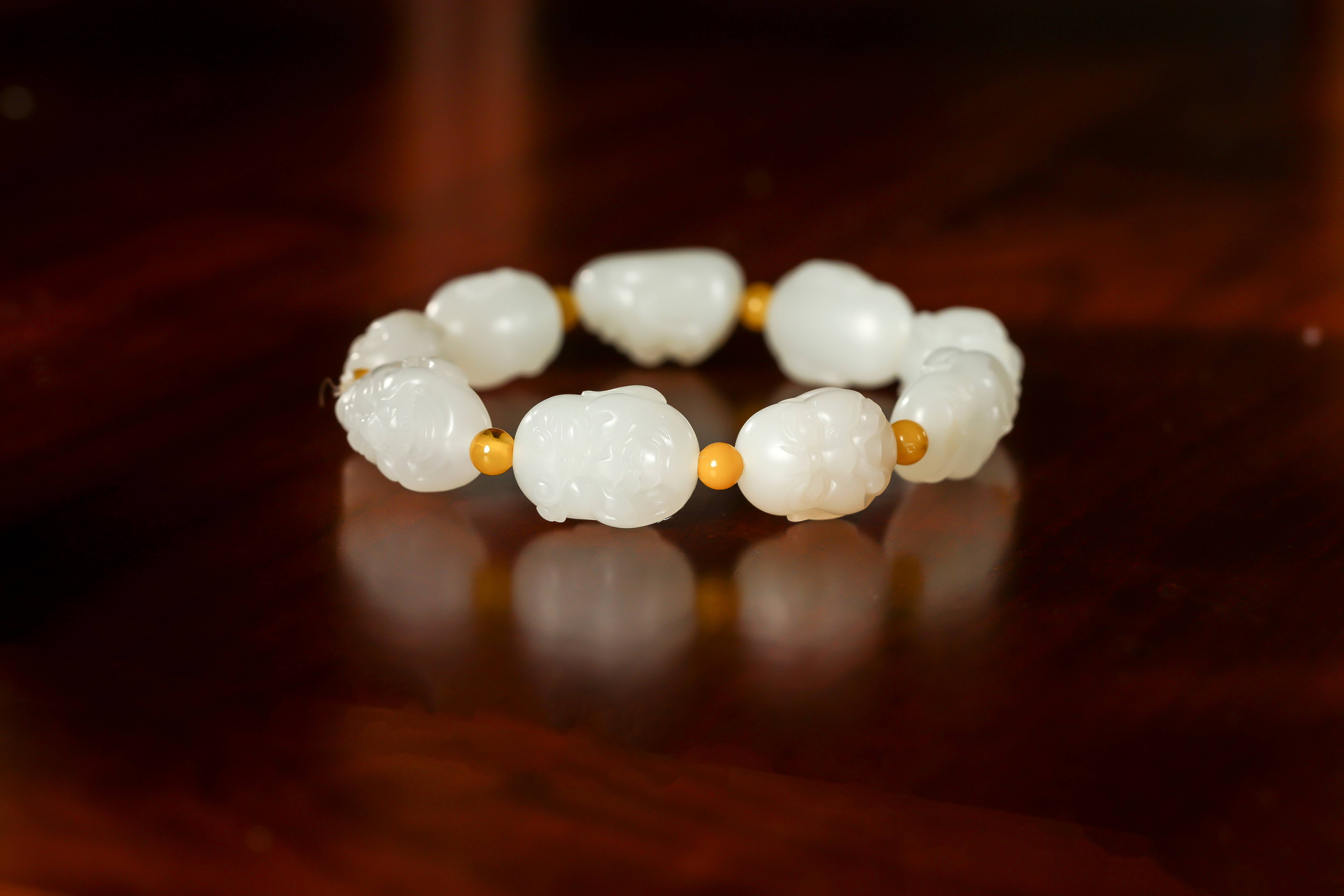 新疆和田玉灑金皮羊脂白玉籽玉 羅漢手鏈 47克 圖片6