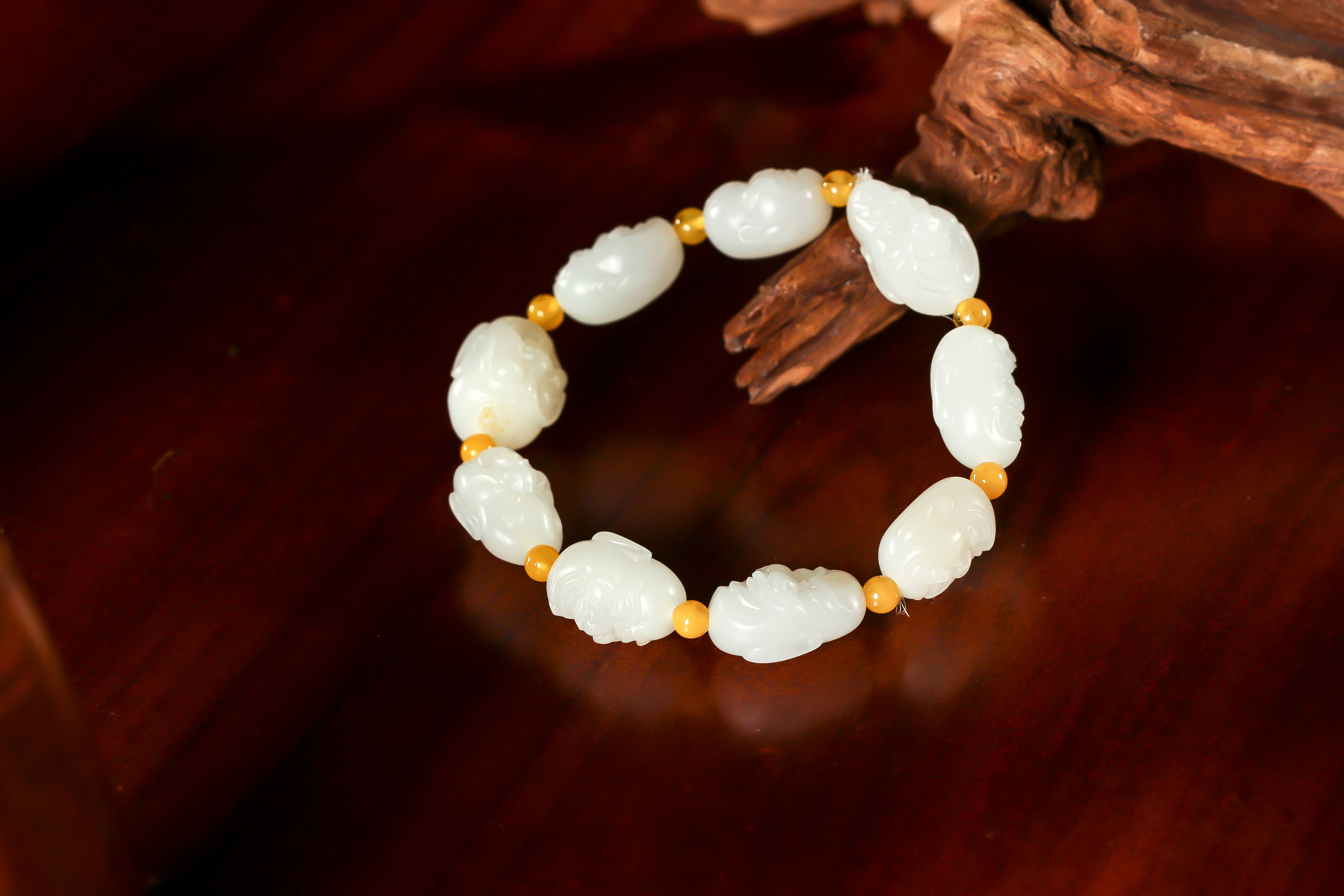 新疆和田玉灑金皮羊脂白玉籽玉 羅漢手鏈 47克 圖片5