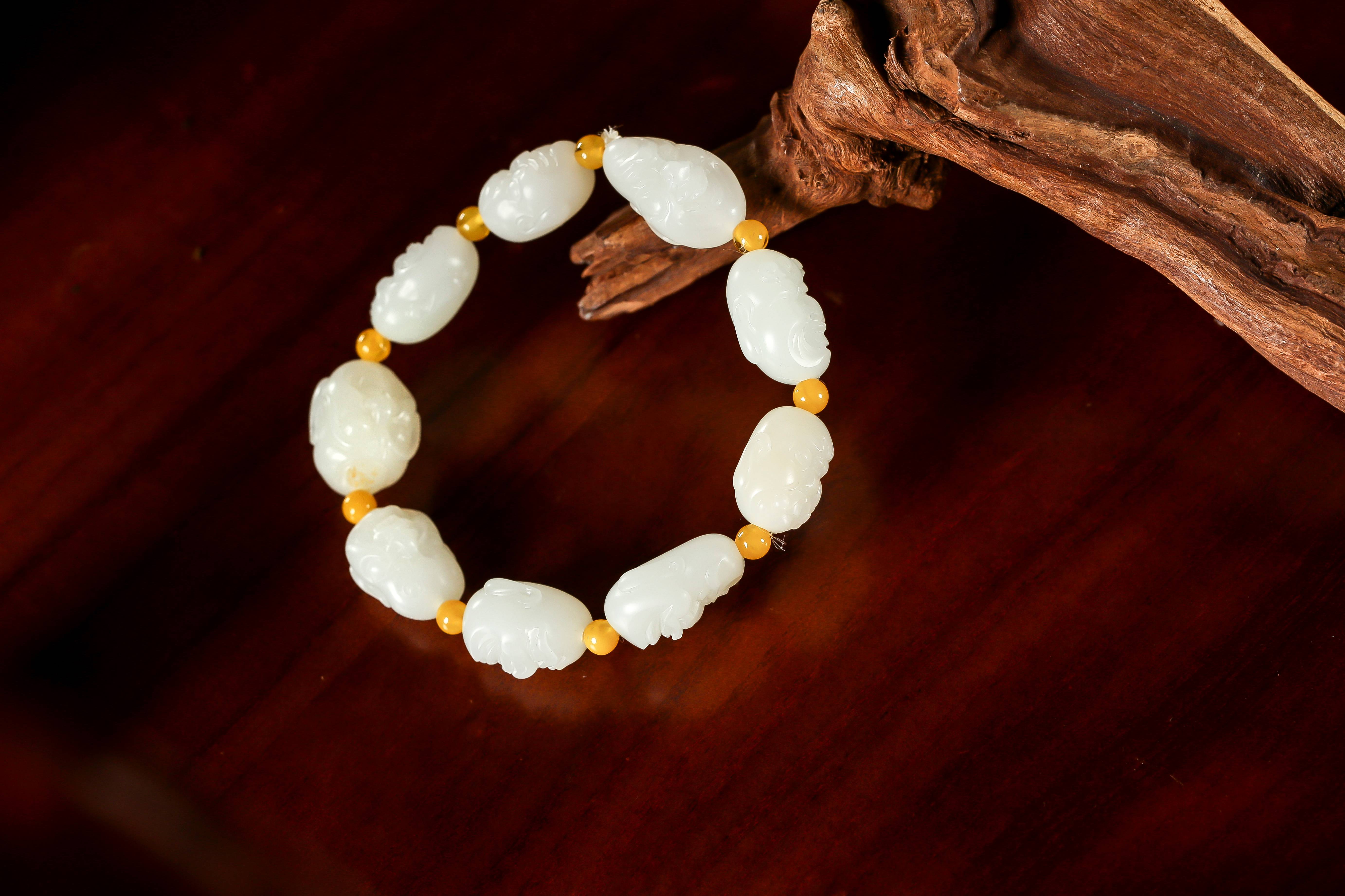 新疆和田玉灑金皮羊脂白玉籽玉 羅漢手鏈 47克 圖片9