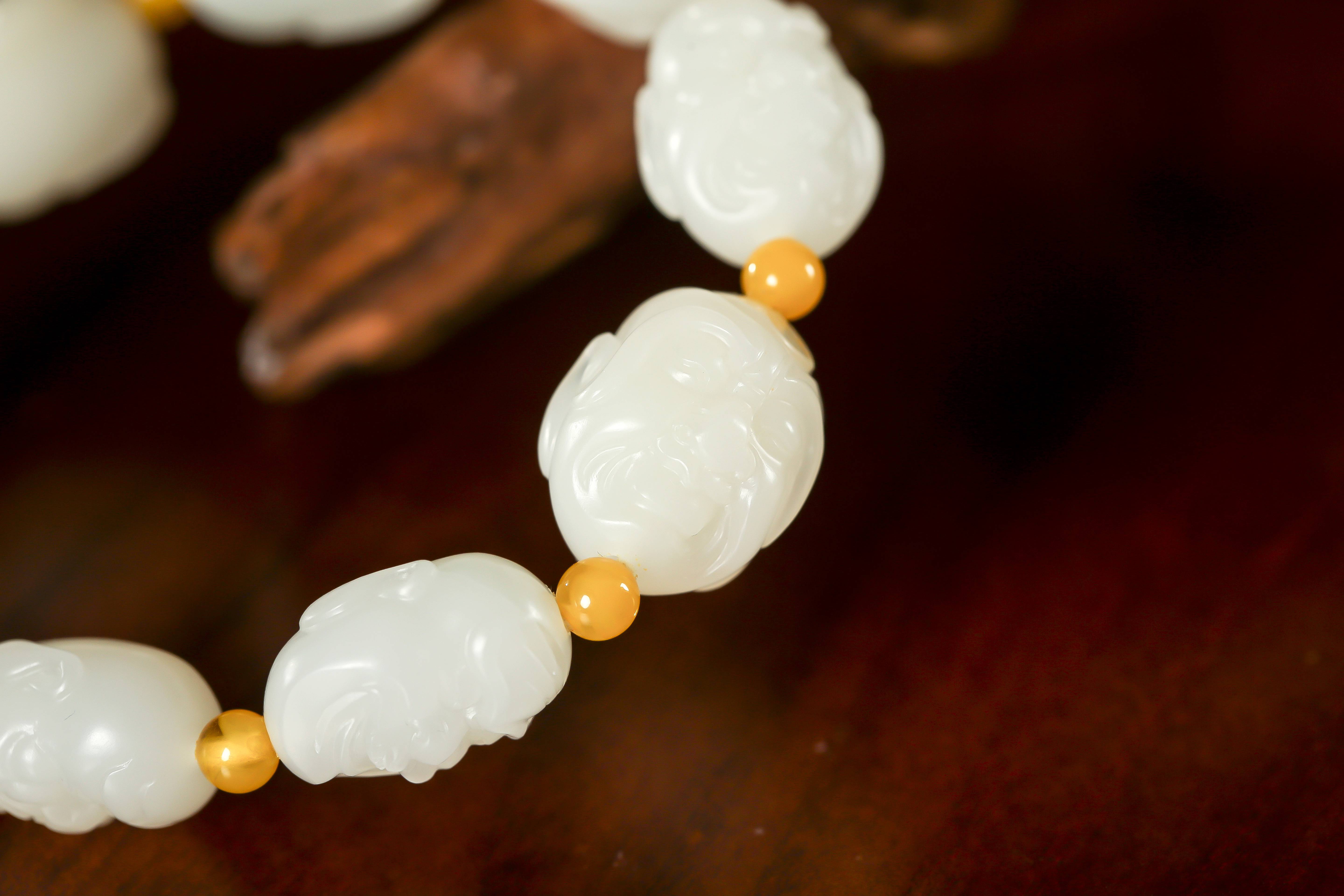 新疆和田玉灑金皮羊脂白玉籽玉 羅漢手鏈 47克 圖片10