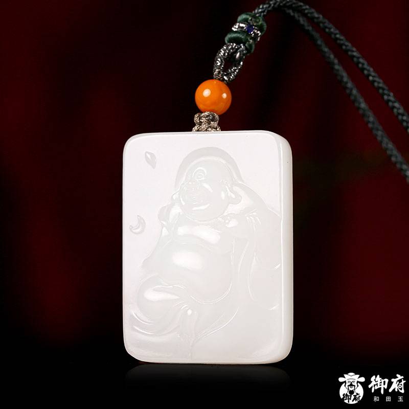 新疆和田玉原毛孔皮羊脂白白玉籽玉 玉牌 彌勒佛 28克 圖片2