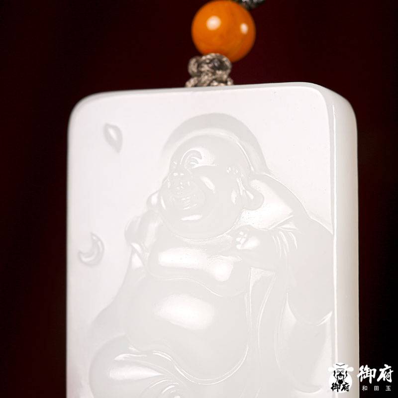 新疆和田玉原毛孔皮羊脂白白玉籽玉 玉牌 彌勒佛 28克 圖片5