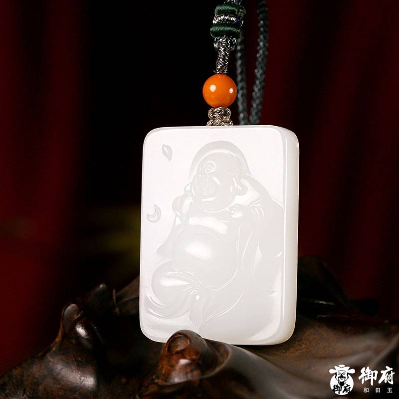 新疆和田玉原毛孔皮羊脂白白玉籽玉 玉牌 彌勒佛 28克 圖片9