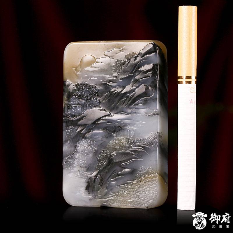 新疆和田玉原毛孔皮青花籽料玉牌 日落西山 105克 圖片2