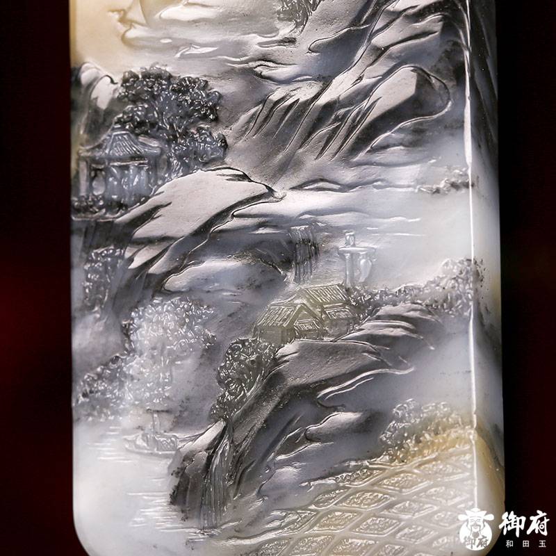 新疆和田玉原毛孔皮青花籽料玉牌 日落西山 105克 圖片3